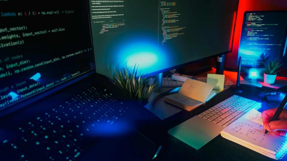 Multiple monitors displaying colorful code in a developer workspace