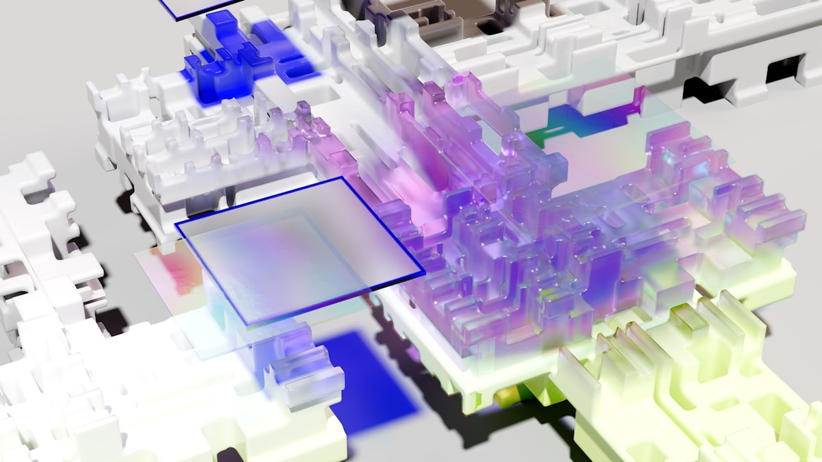 Abstract 3D rendering of interconnected processing blocks, representing the layered computational steps in AI reasoning