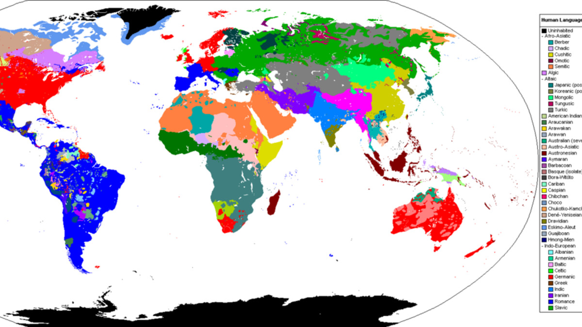 World language families map showing global linguistic diversity
