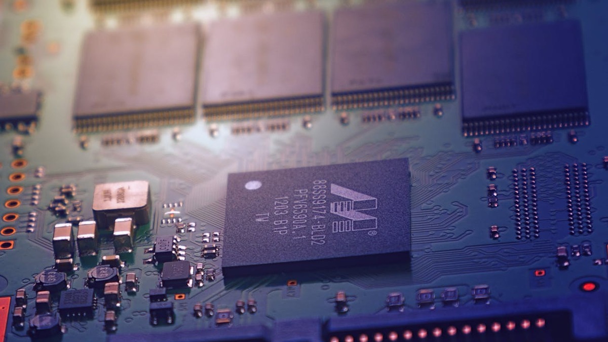 Close-up macro photograph of electronic circuit board components