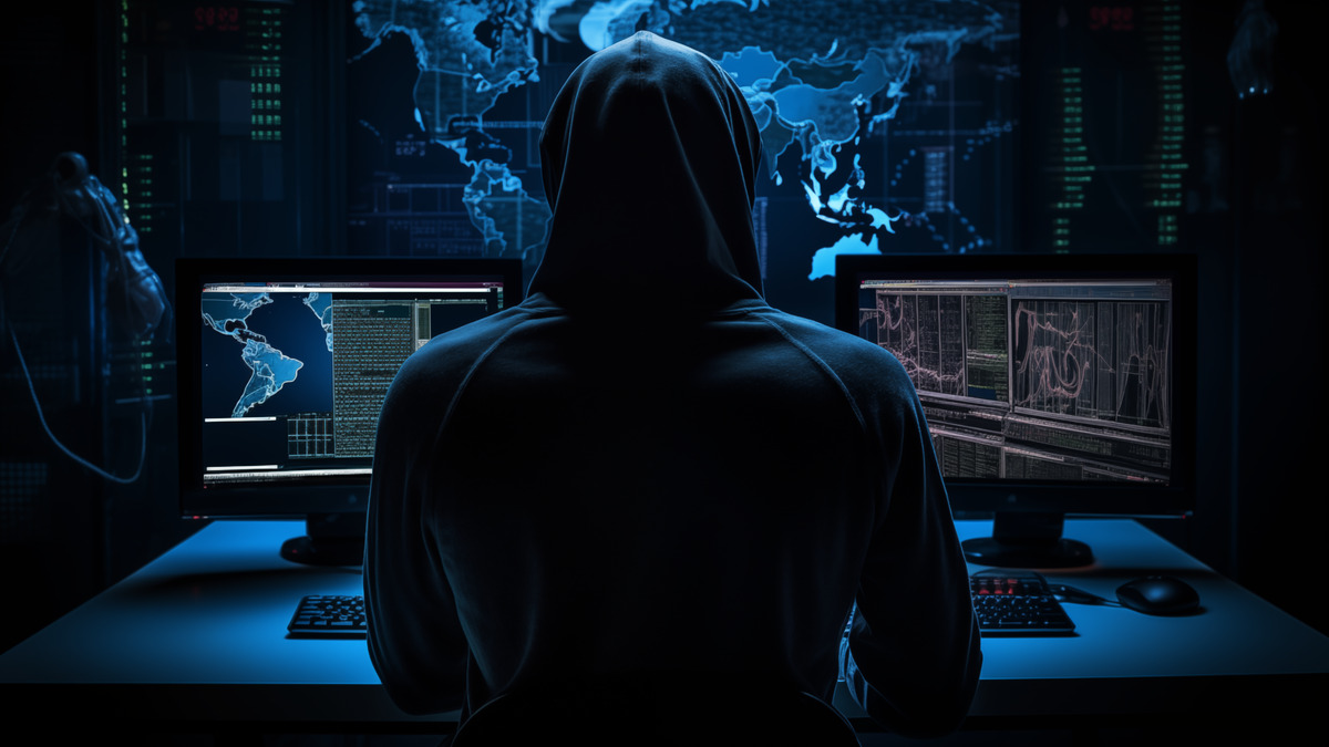 A hacker at a computer in a dark room illustrates the agentic attack risk Anthropic's draft warned about