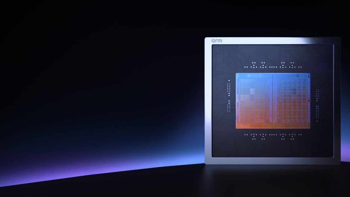 The Arm AGI CPU chip, front view, showing the dual-die chiplet package