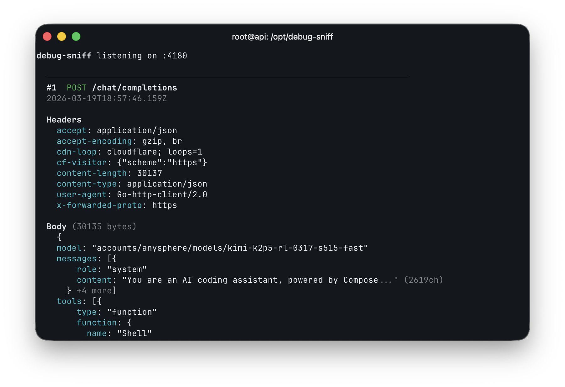 Cursor's API response showing the internal model ID kimi-k2p5-rl-0317-s515-fast