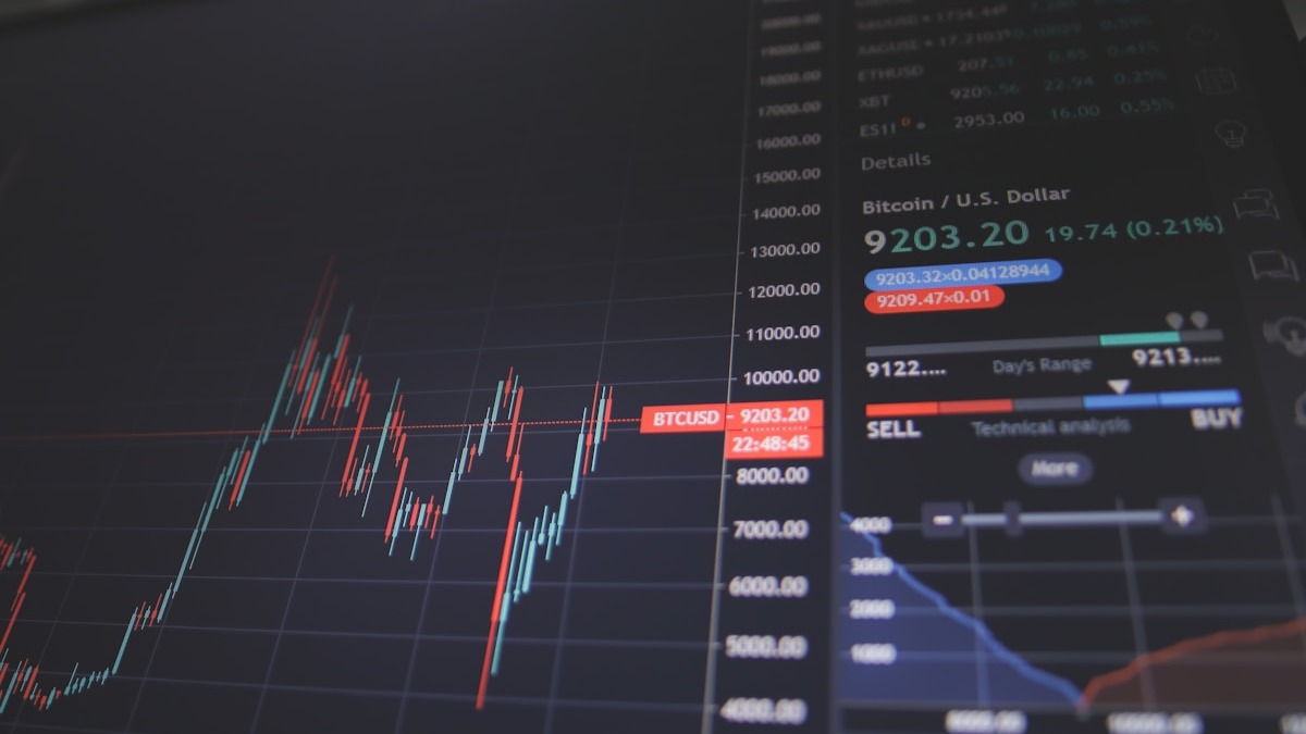 A stock market trading display showing price charts and tickers