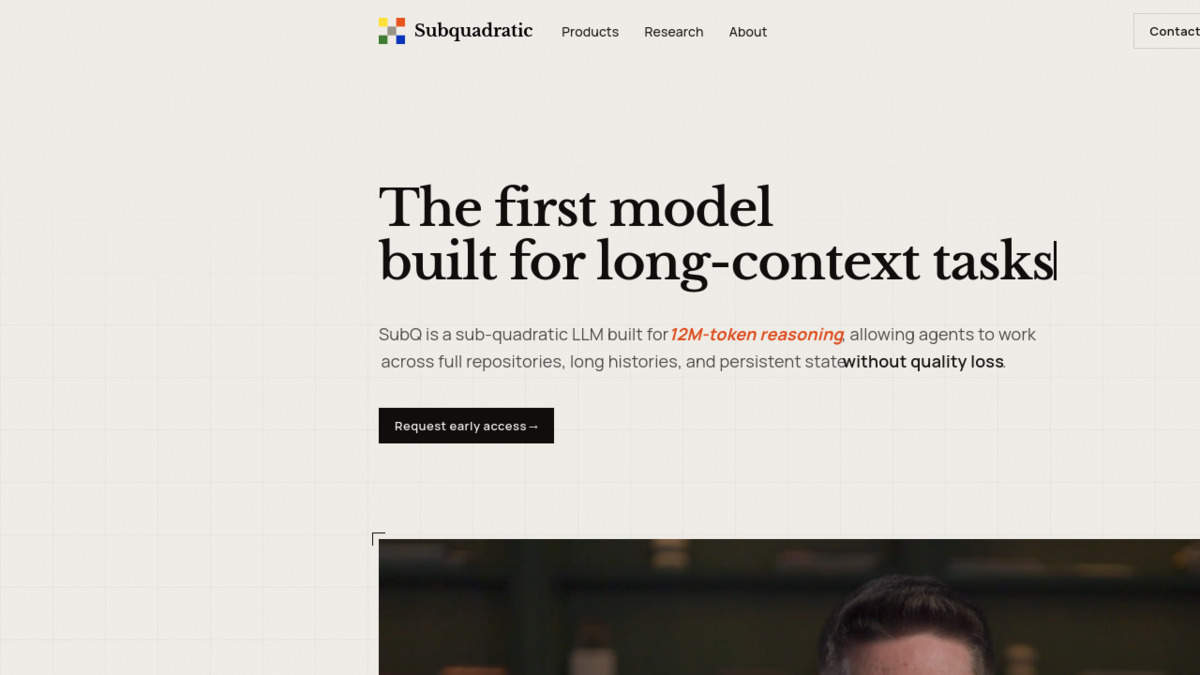 SubQ homepage showing "The first model built for long-context tasks" with the 12M token context window pitch