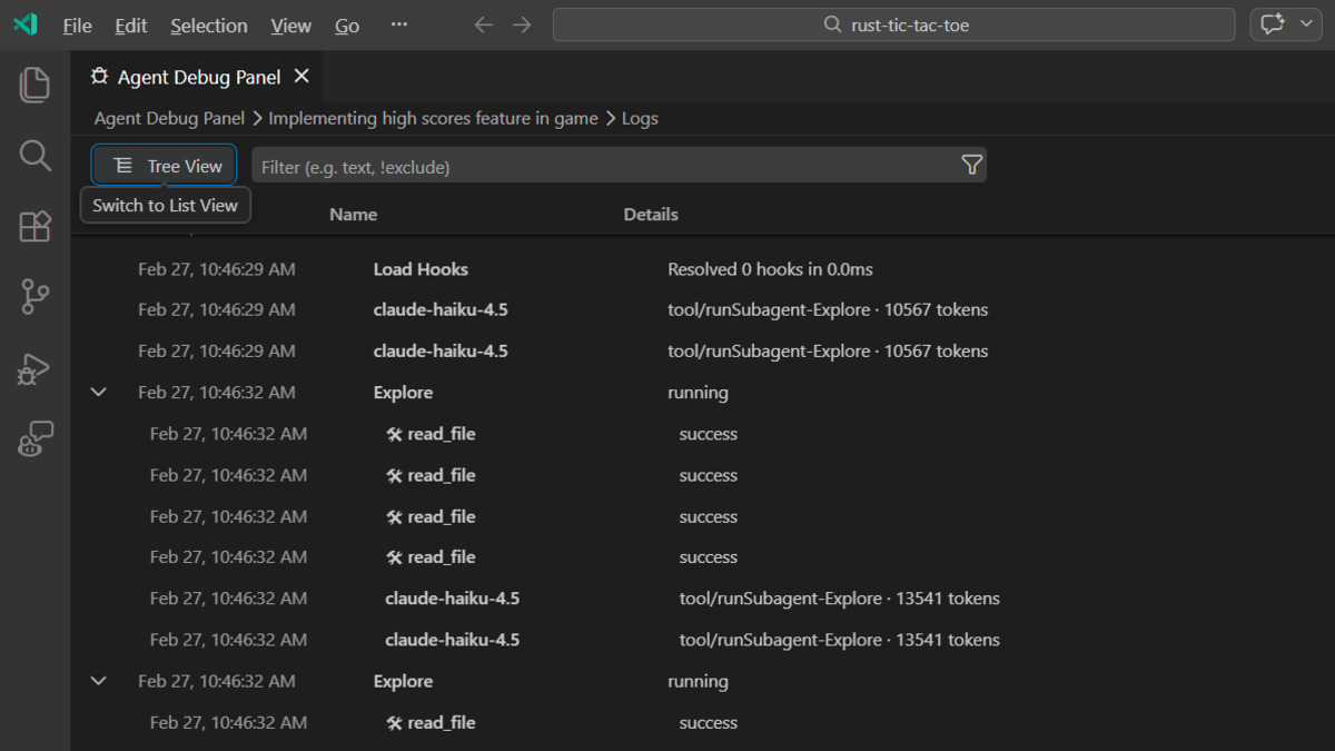 VS Code 1.110 Agent Debug Panel showing real-time agent events, tool call logs, and session flow chart