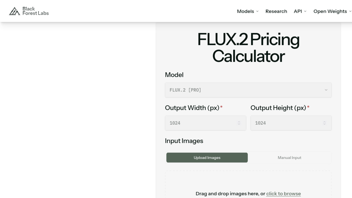 Black Forest Labs FLUX.2 Pricing Calculator showing model selection and resolution inputs