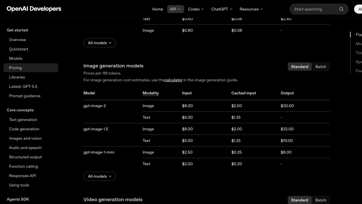 OpenAI image generation pricing table showing gpt-image-2, gpt-image-1.5, and gpt-image-1-mini token costs